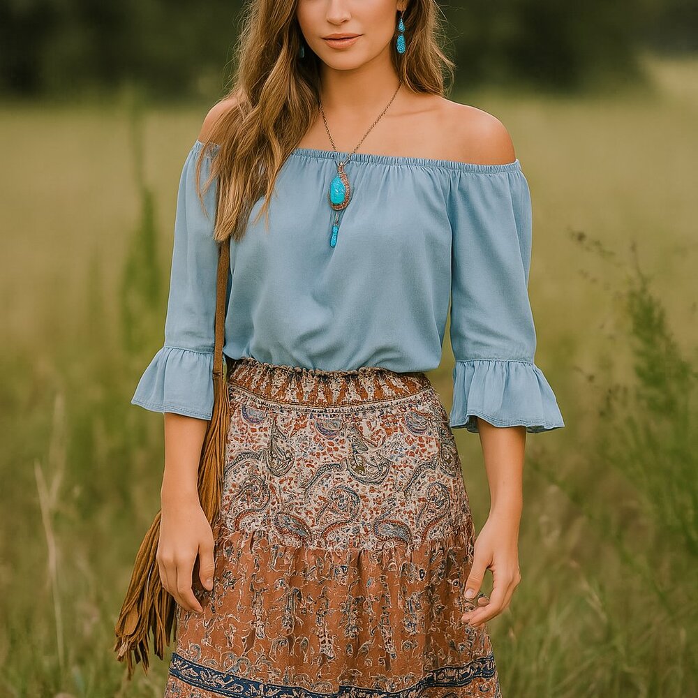 Sanctuary Blue Chambray Off‑Shoulder Ruffle Top Women’s Size XS